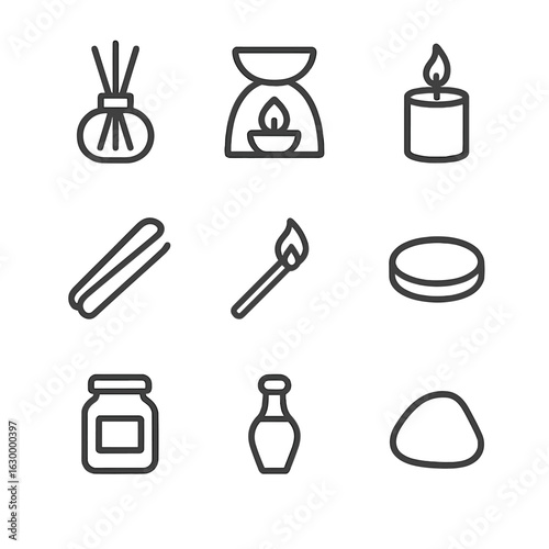 Aromatic Tools Icon Set. Outline icon set of aromatic tools: diffuser, oil burner, scented candle, incense tongs, matchstick,