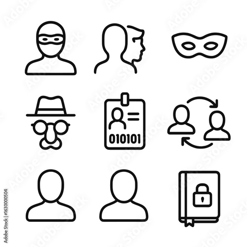 Secret Identity Icons. Outline icon set of secret identity: masked silhouette, alter ego profile, hidden mask icon, double-faced