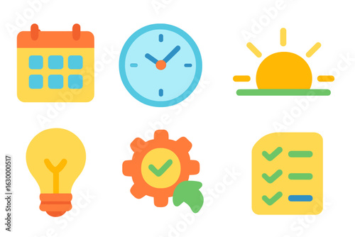 Lighting Automation Icons. Flat vector mini-illustrations lighting automation schedules in colors children's illustrations: