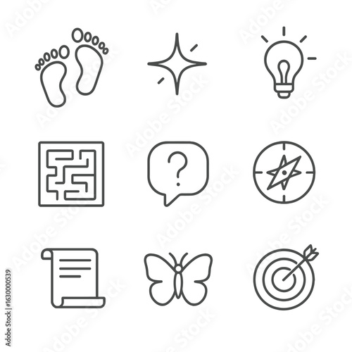 Chance Discovery Icons. Outline icon set of chance discoveries: footprints, spark, lightbulb, maze, question