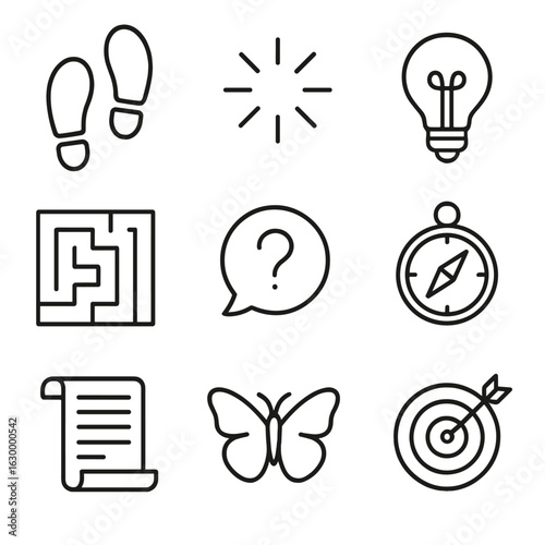 Chance Discovery Icons. Outline icon set of chance discoveries: footprints, spark, lightbulb, maze, question