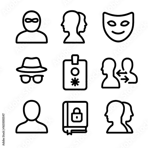 Secret Identity Icons. Outline icon set of secret identity: masked silhouette, alter ego profile, hidden mask icon, double-faced