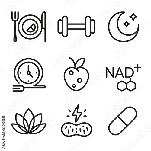 Lifestyle Icon Set. Outline icon set of lifestyle and metabolic modulation: calorie restriction plate, exercise dumbbell, sleep