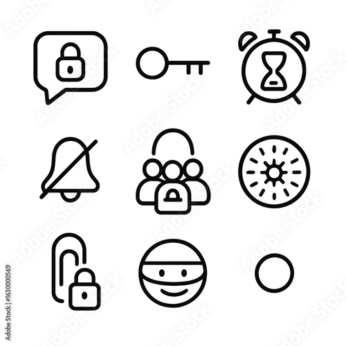 Secure Messaging Icons. Outline icon set of private messaging: locked chat bubble, end-to-end key, disappearing message timer,
