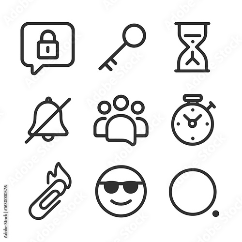 Secure Messaging Icons. Outline icon set of private messaging: locked chat bubble, end-to-end key, disappearing message timer,