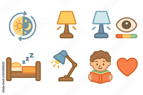 Lighting Design Icons. Flat vector mini-illustrations human-centric lighting design in colors children's illustrations: circadian