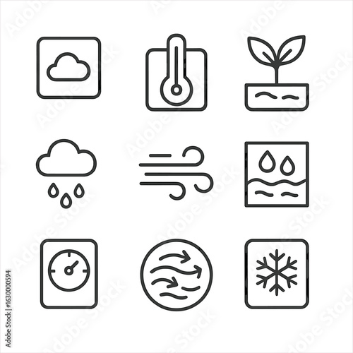 Earth Observation Icons. Outline icon set of Earth observation data: cloud cover, temperature map, vegetation index, precipitation