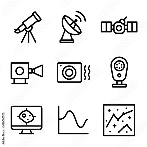 Asteroid Observation Icons. Outline icon set of asteroid observation tools: optical telescope, radar array, space probe,