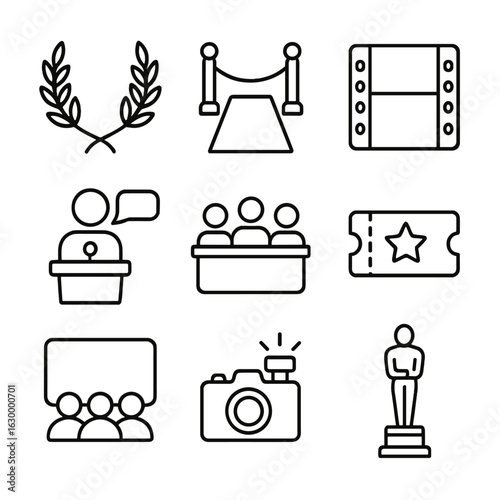 Film Festival Icons. Outline icon set of film festival recognition: laurel wreath, red carpet, film strip, acceptance speech, jury