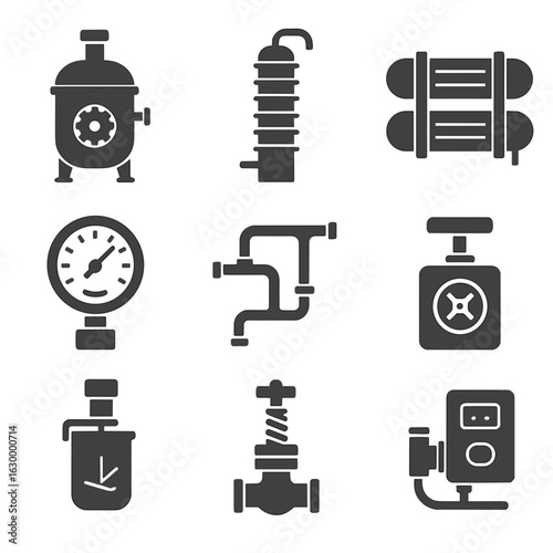 Chemical Plant Equipment Icons. Solid, filled icons set of chemical plant equipment: reactor vessel sketch,