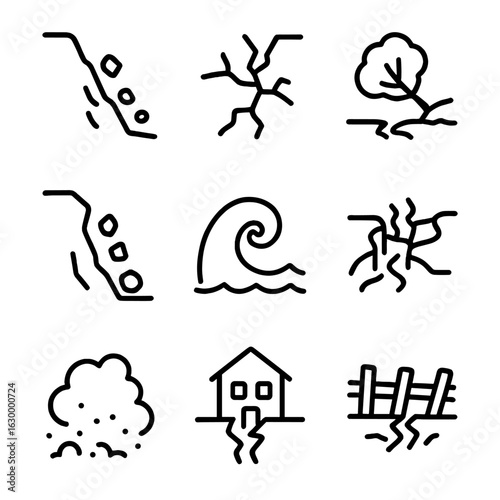 Earthquake Impact Icons. Outline icon set of earthquake effects on nature: landslide, cracked earth, fallen tree, rockfall,