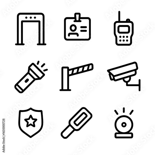 Security Tools Icons. Outline icon set of checkpoint security tools: metal detector, ID card scanner, walkie-talkie, flashlight,
