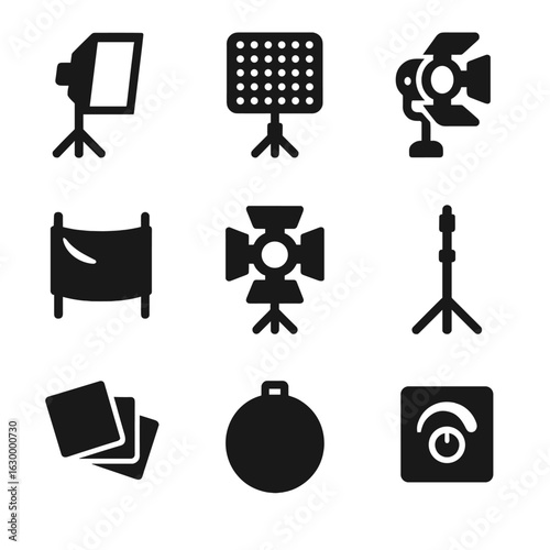 Film Lighting Icons. Solid, filled icon set of film lighting equipment: softbox, LED panel, spotlight, diffusion cloth, barn doors