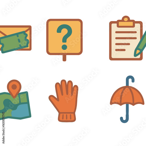 Lost and Found Desk. Flat vector mini-illustrations lost and found desk in colors children's illustrations: lost ticket envelope,