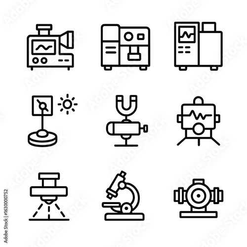 Astrobiology Instrument Icons. Outline icon set of astrobiology measurement instruments: spectrometer, mass spectrometer, gas