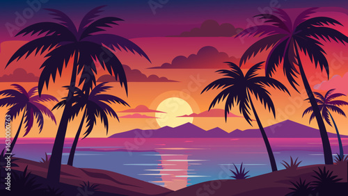 Vector art of vibrant sunset over the ocean with silhouetted palm trees on a tropical beach, casting colorful reflections on the calm water