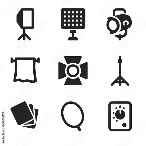 Film Lighting Icons. Solid, filled icon set of film lighting equipment: softbox, LED panel, spotlight, diffusion cloth, barn doors