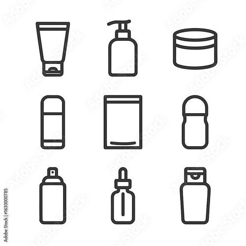 Lotion Packaging Icons. Outline icon set of lotion packaging types: squeeze tube, pump bottle, jar with screw lid, stick