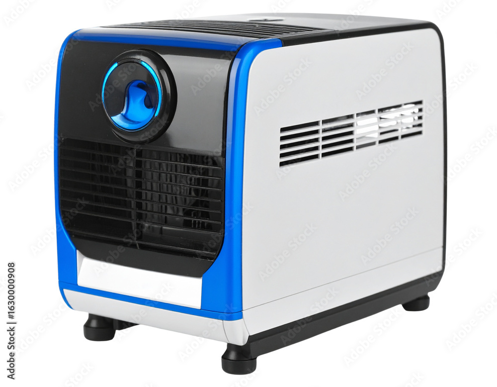 Fototapeta premium Compact Desktop Air Purifier with Blue Glow Ring and Visible Air Vents, Angled Side View, Isolated on White