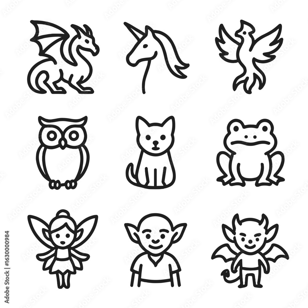Obraz premium Magical Creatures Icons. Outline icon set of magical creatures and familiars: dragon, unicorn, phoenix, owl familiar, cat familiar