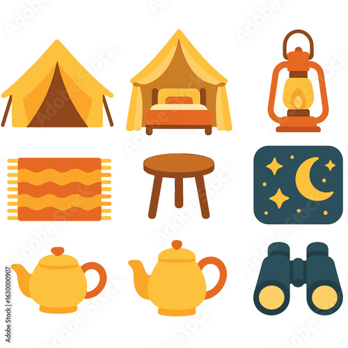 Luxury Glamping Icons. Flat vector mini-illustrations glamping in luxury safari tents in colors children's illustrations: safari