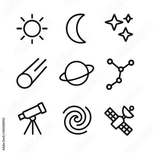 Astronomy Icon Set. Outline icon set of horizon astronomical objects: sun, moon, stars, comet, planet, constellation, telescope,