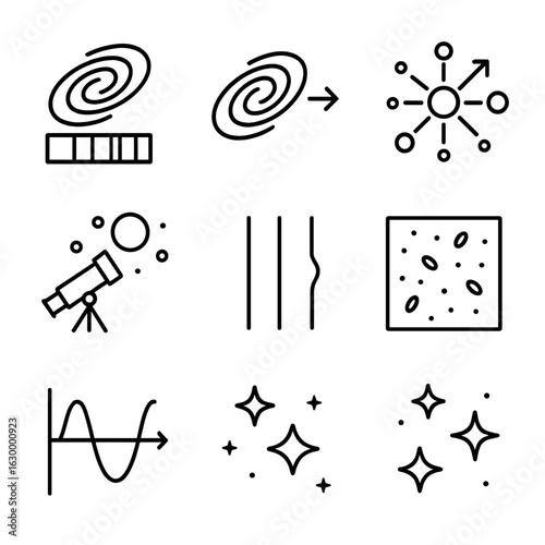Astronomy Concept Icons. Outline icon set of astronomy redshift concepts: galaxy spectrum, Doppler arrow, expanding universe icon,