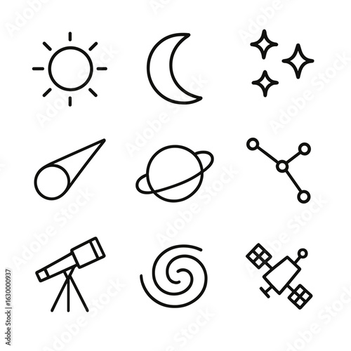 Astronomy Icon Set. Outline icon set of horizon astronomical objects: sun, moon, stars, comet, planet, constellation, telescope,