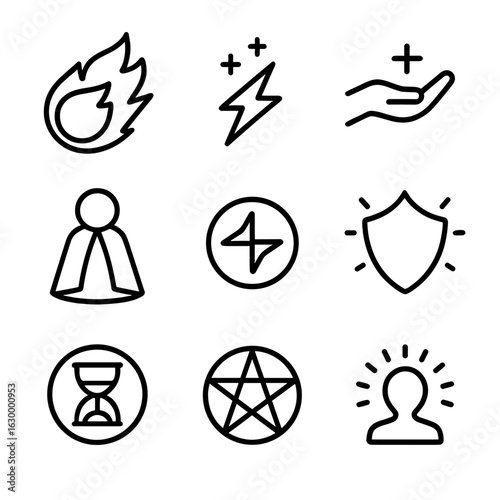 Magic Spells Icons. Outline icon set of spellcasting and incantations: fireball spell, lightning bolt, healing spell, invisibility