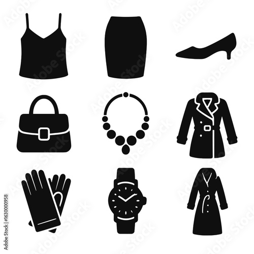 Chic Outfit Icons. Solid, filled icons set of refined outfit details: silk camisole, tailored skirt, kitten