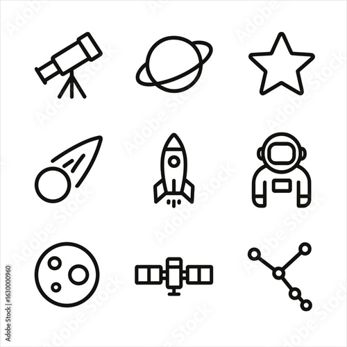 Astronomy Icon Grid. Outline icon set of astronomy icons: telescope, planet, star, comet, rocket, astronaut, moon, satellite,