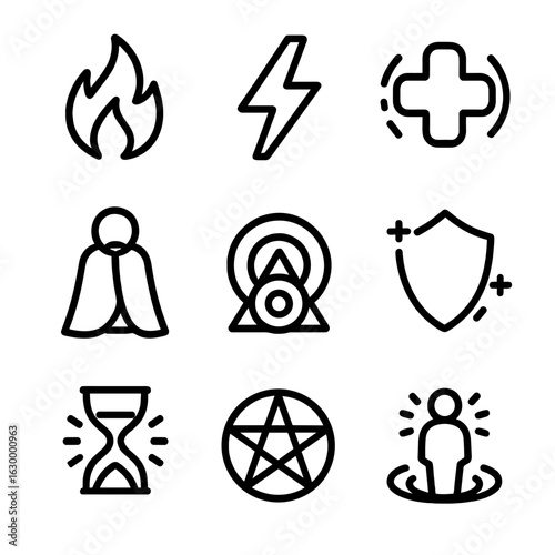 Magic Spells Icons. Outline icon set of spellcasting and incantations: fireball spell, lightning bolt, healing spell, invisibility