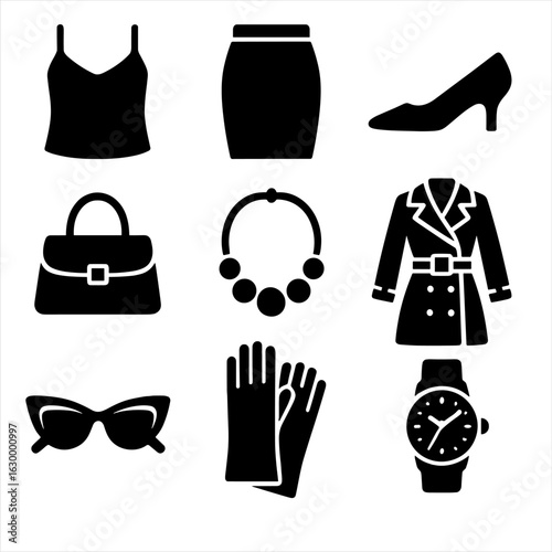 Chic Outfit Icons. Solid, filled icons set of refined outfit details: silk camisole, tailored skirt, kitten