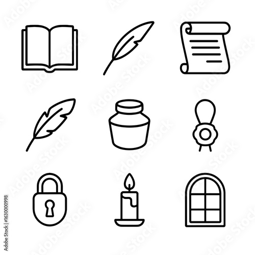 Icon Sets_ Closure and Mindfulness. Outline icon set of closing chapter: book, quill, scroll, feather, ink pot, seal, lock, candle