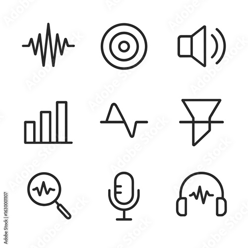 Audio Icon Set. Outline icon set of audio howl features: waveform spike, echo propagation rings, speaker emitting howl wave,