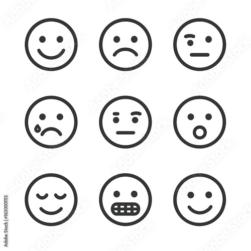 Icon Sets_ Faces, Body, Decisions. Outline icon set of facial expressions: smile, frown, wink, tear, raised eyebrow, open mouth,