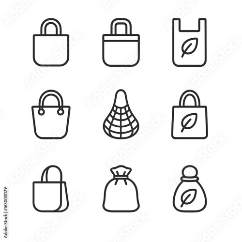 Eco Beach Bags Icons. Outline icon set of eco beach bags: cotton tote, jute bag, recycled plastic bag, biodegradable pouch, bamboo