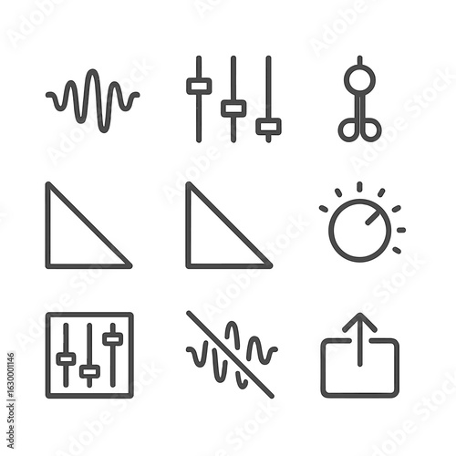 Audio Editing Icon Set. Outline icon set of audio editing features: waveform, equalizer slider, cut marker, fade in icon, fade out