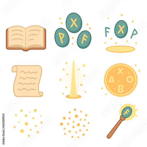 Magical Runes and Tome. Flat vector mini-illustrations floating runes and open tome in colors children's illustrations: open tome,