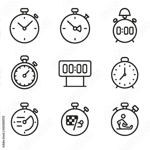 Fitness and Classic Timers. Outline icon set of fitness timers: interval timer, HIIT timer, rest countdown, lap stopwatch, gym