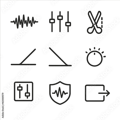 Audio Editing Icon Set. Outline icon set of audio editing features: waveform, equalizer slider, cut marker, fade in icon, fade out