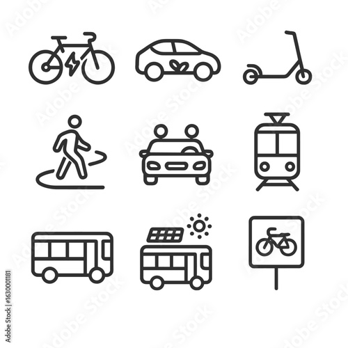 Eco Commuting Icons. Outline icon set of eco commuting options: electric bike, hybrid car, scooter, tram, walk path, shared ride,
