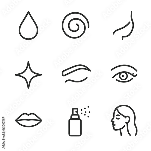 Makeup Application Icons. Outline icon set of step-by-step application steps: primer drop, blending swirl, contour line, highlight