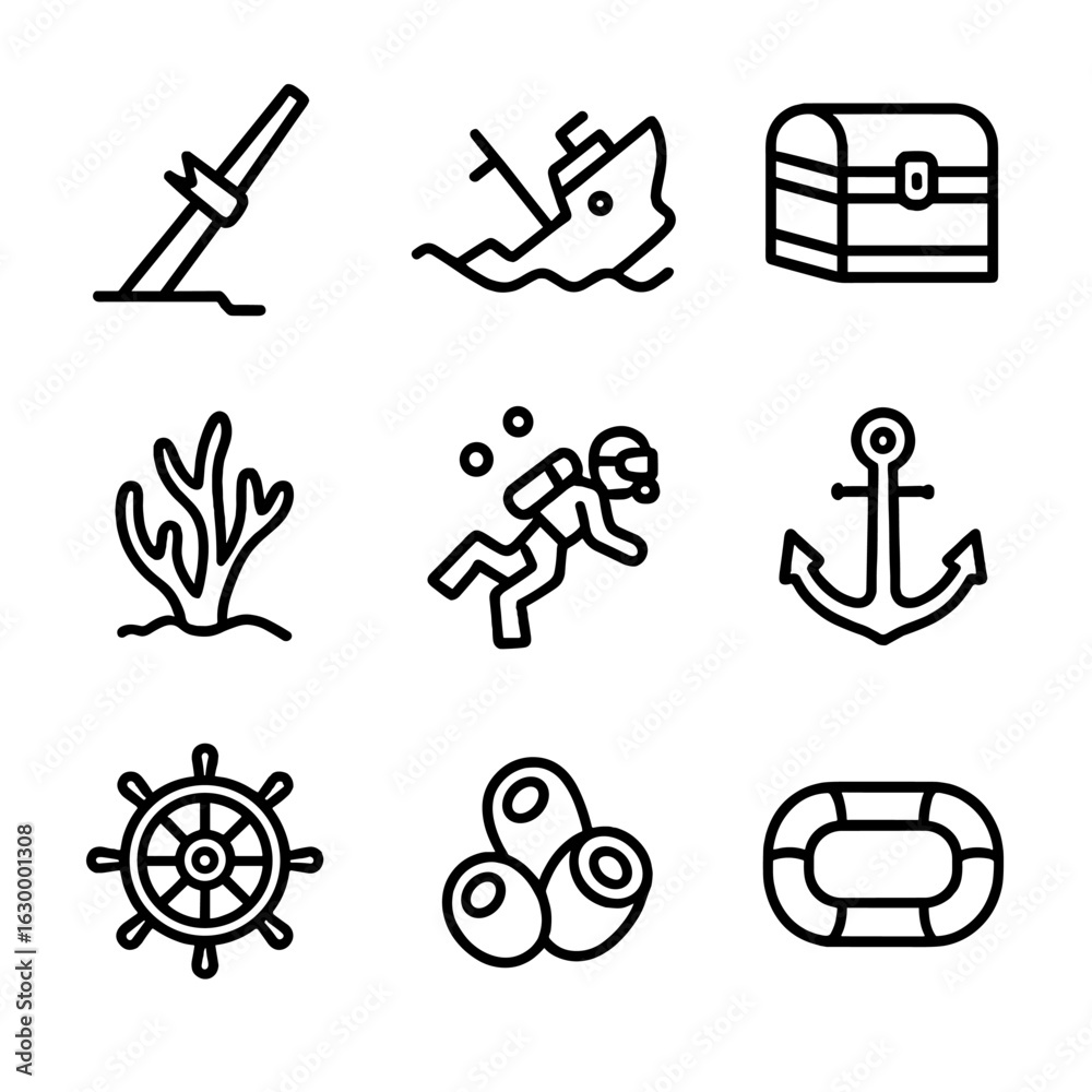 Fototapeta premium Shipwreck Icon Set. Outline icon set of shipwreck: broken mast, sunken ship, treasure chest, underwater coral, diver, anchor, ship