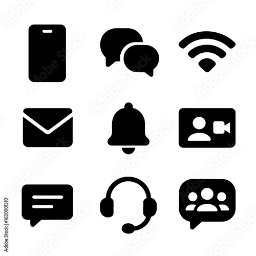 Flash Mob Tools Icons. Solid, filled icon set of Flash mob communication tools: smartphone, chat bubbles, Wi-Fi signal, email,