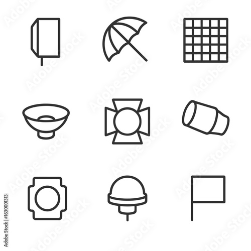 Flash Modifiers Icons. Outline icon set of flash modifiers and light shaping: softbox, umbrella, grid, reflector, barn doors,