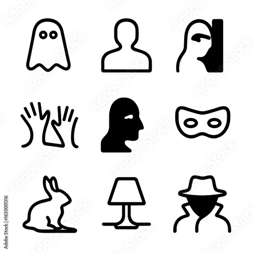 Shadow Icon Ensemble. Outline icon set of symbolic shadows: ghost shadow, shadow figure, hidden shadow, mysterious shadow, shadow