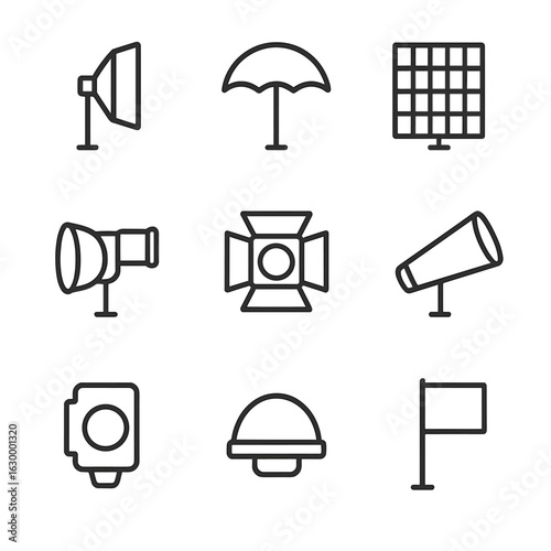 Flash Modifiers Icons. Outline icon set of flash modifiers and light shaping: softbox, umbrella, grid, reflector, barn doors,