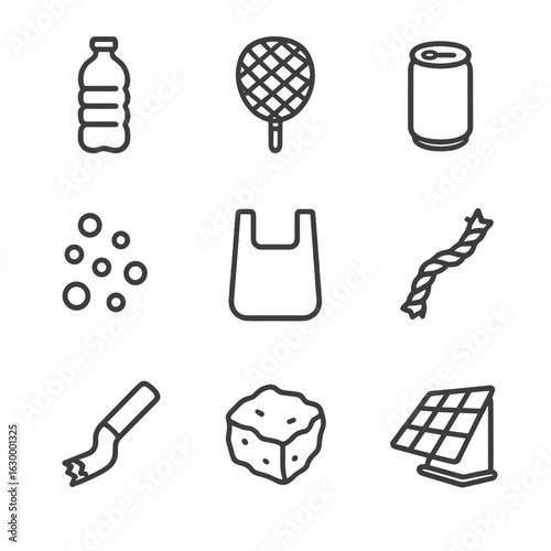 Marine Debris Icons. Outline icon set of common marine debris: plastic bottle, fishing net, soda can, microplastic pellet,