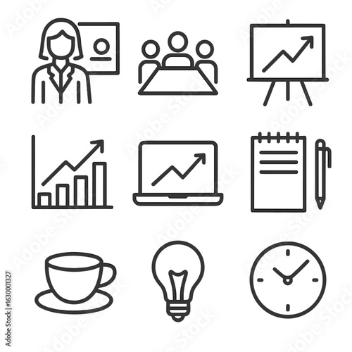 Marketing Icon Set. Outline icon set of marketing strategy meeting: businesswoman at screen, team silhouettes around table,